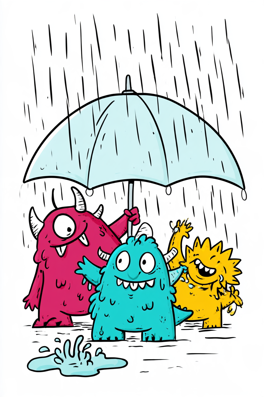 Drei Monster unterm Regenschirm
