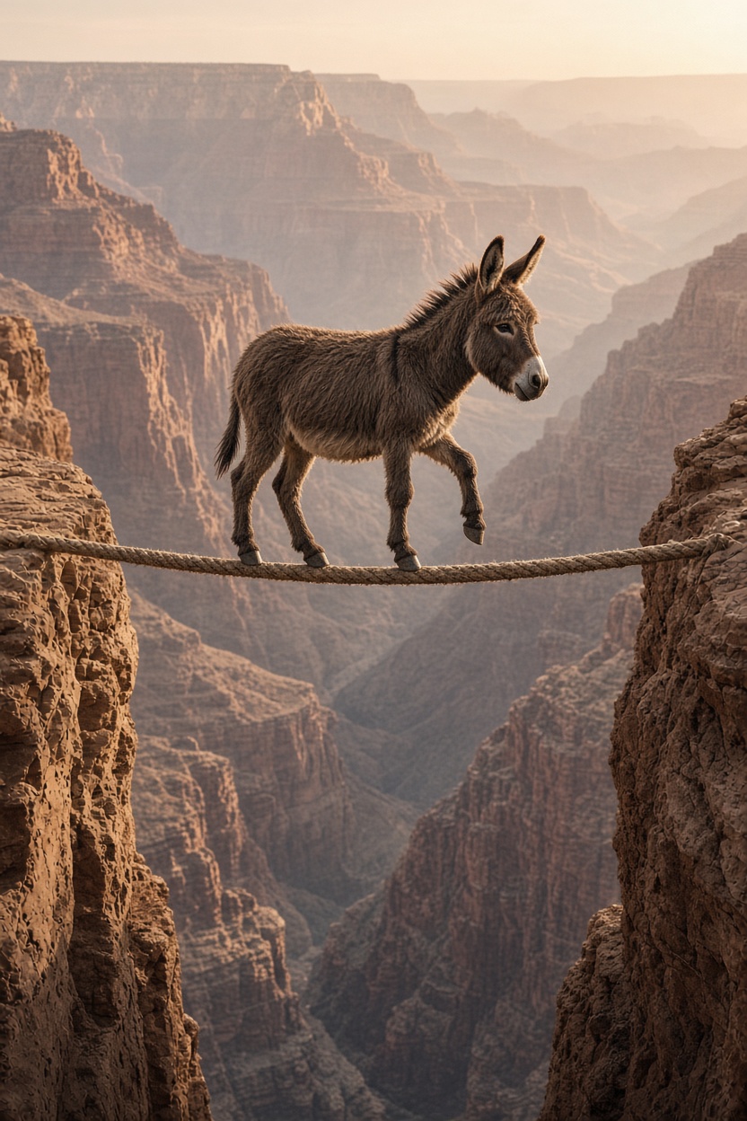 Esel auf dem Seil über der Schlucht