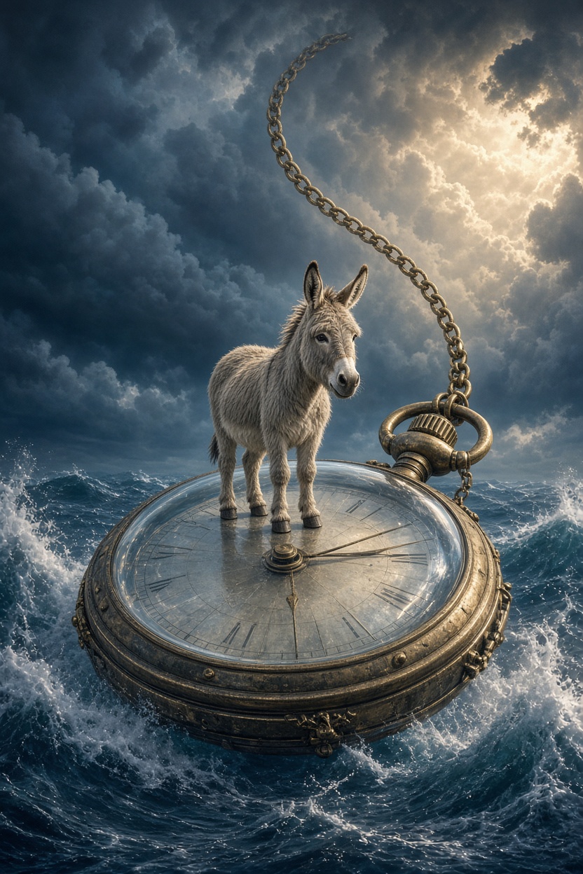 Esel auf der Uhr im stürmischen Meer