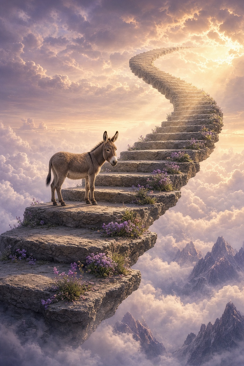 Esel auf der Treppe zu den Wolken