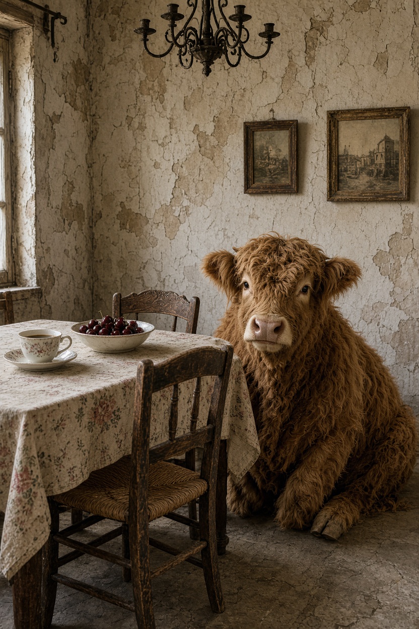Hochlandrind am nostalgischen Esstisch
