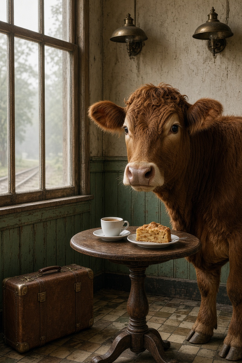 Kaffeepause mit einer braunen Kuh