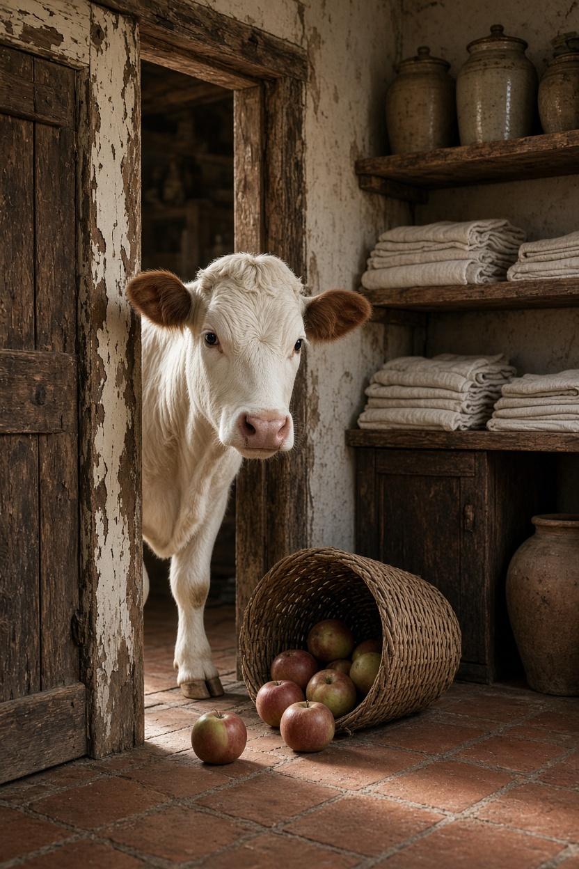 Kalb und Äpfel in der Vorratskammer