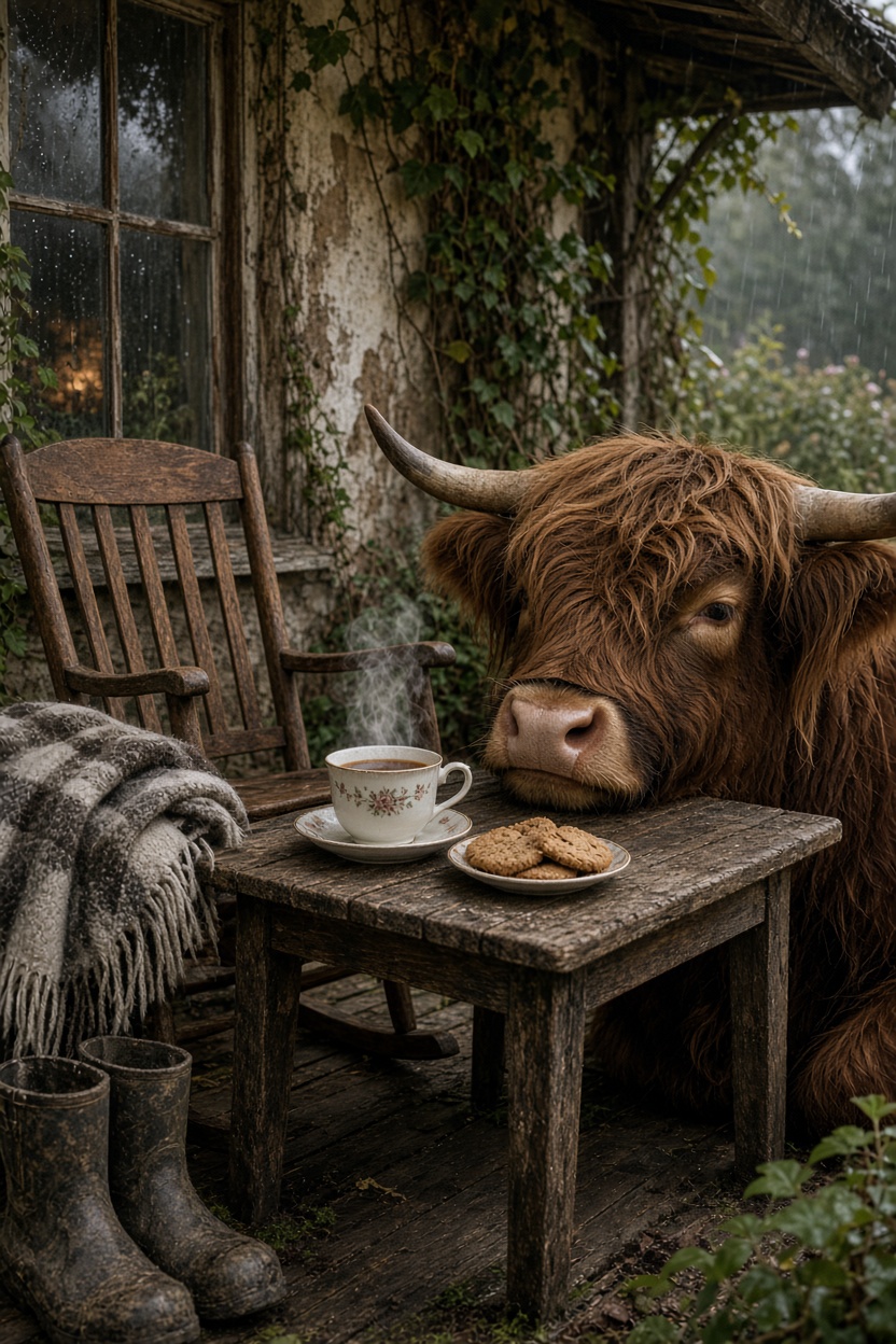 Hochlandrind beim Gartenkaffee