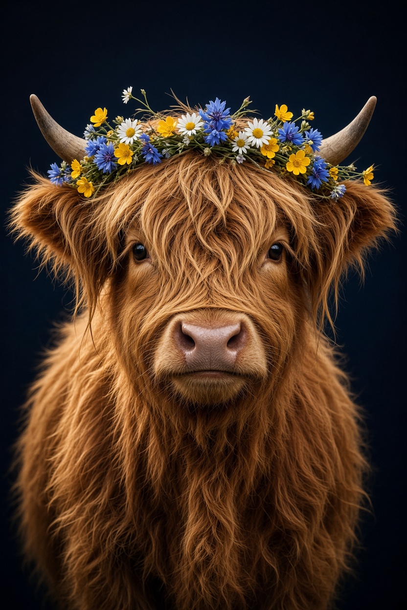 Hochlandrind mit bunten Wiesenblumen