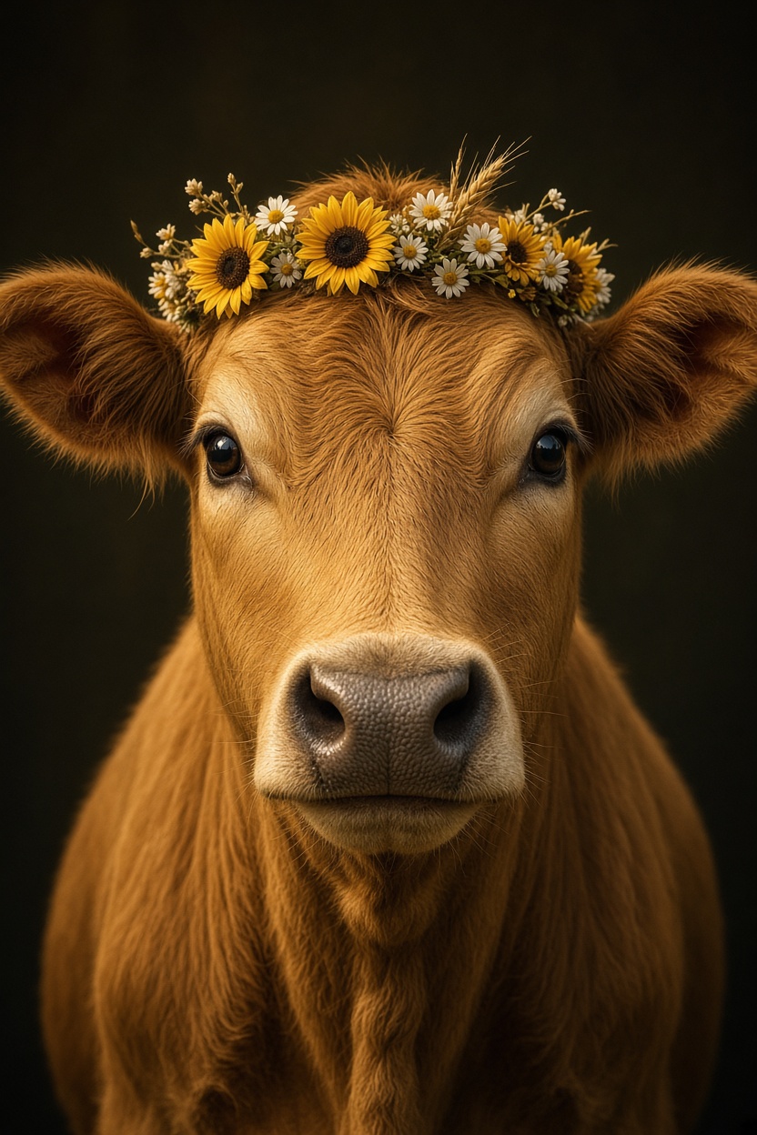 Goldene Kuh mit Sonnenblumenkranz