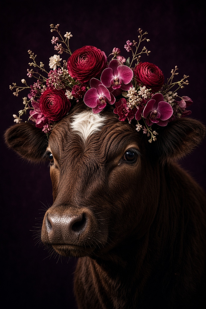 Dunkle Kuh mit Rosen und Orchideen