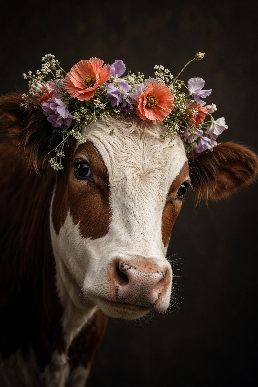 Braun-weiße Kuh mit Mohnblüten
