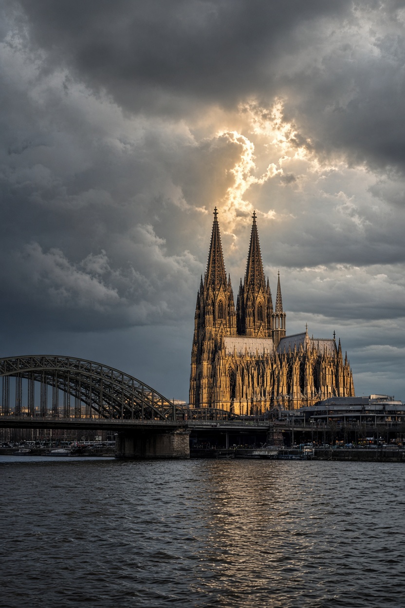 Kölner Dom unter dramatischen Gewitterwolken