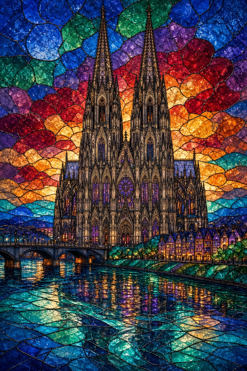 Kölner Dom als leuchtendes Glasmosaik