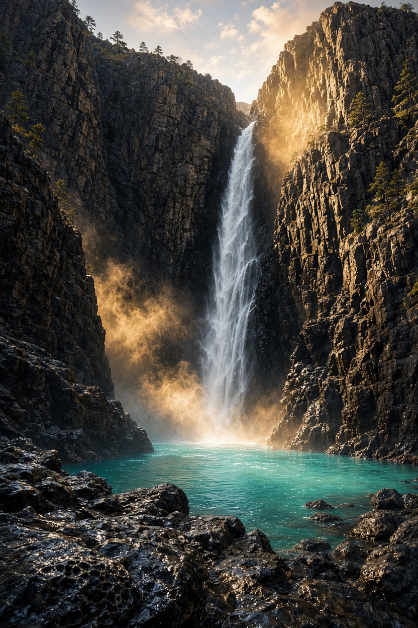 Wasserfall zwischen schwarzen Felsen