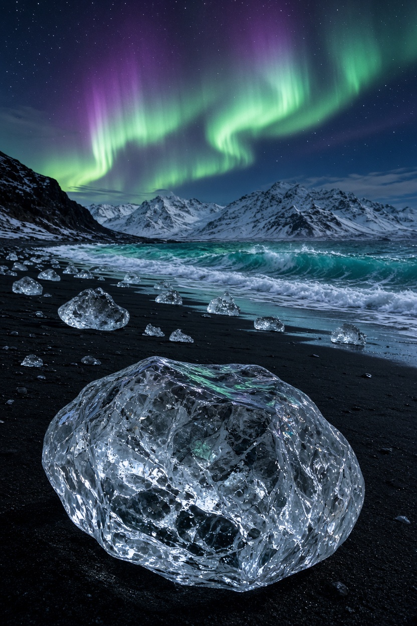 Polarlichter über dem Eisstrand