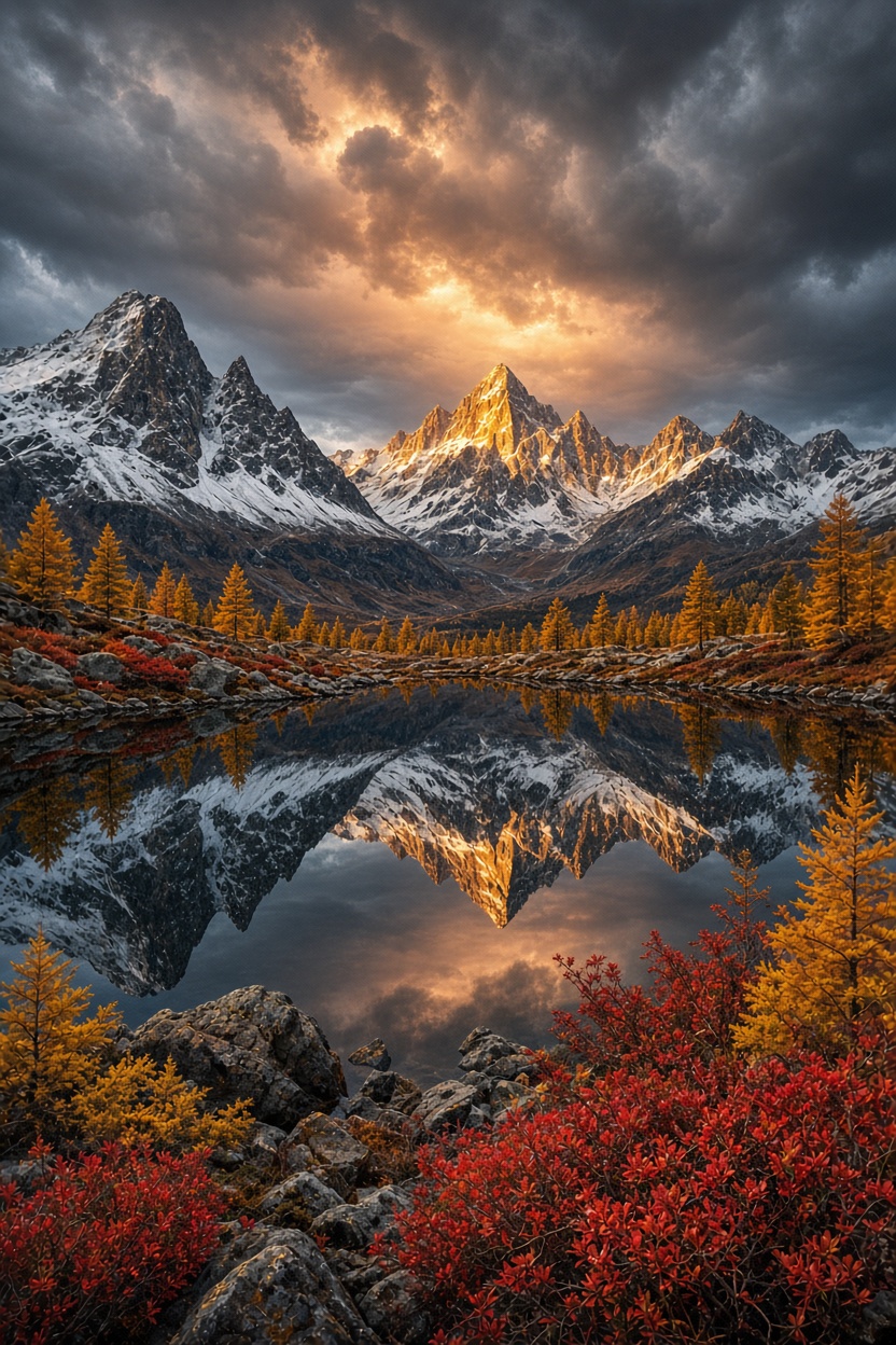 Herbstlicher Bergsee im goldenen Licht
