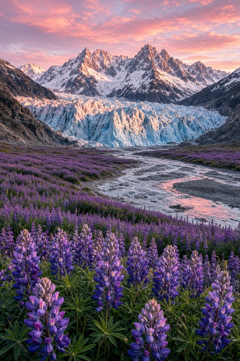 Lupinenfeld vor dem Gletscher