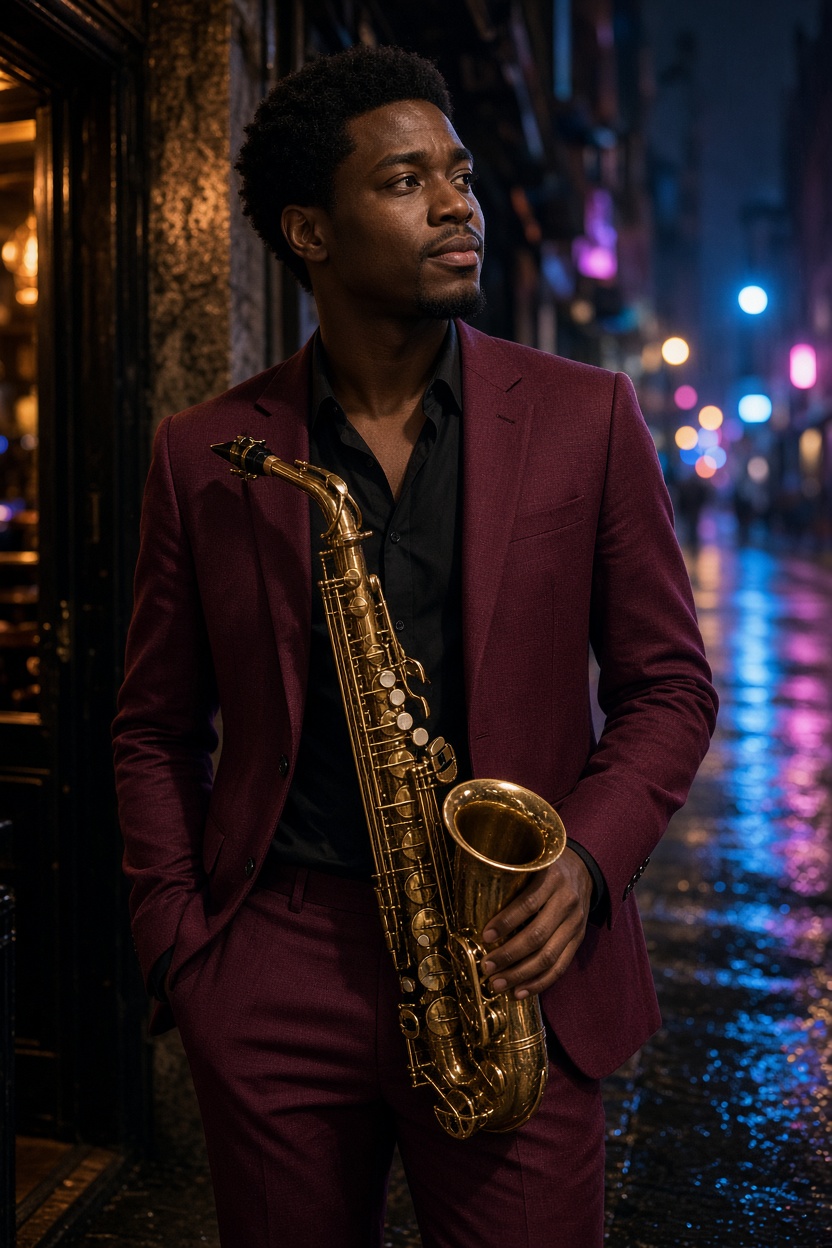 Saxofonist in der nächtlichen Stadt