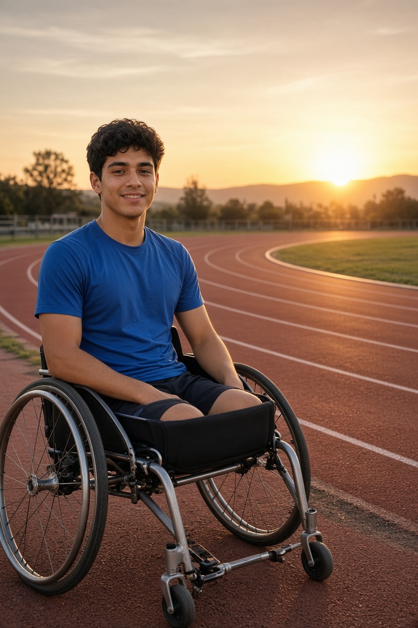 Sportler im Rollstuhl am Sonnenaufgang