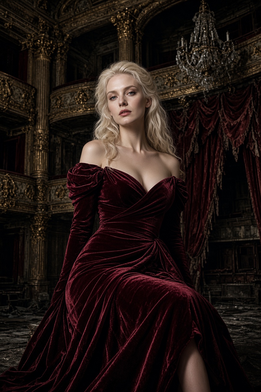 Bordeauxrotes Samtkleid im alten Theater