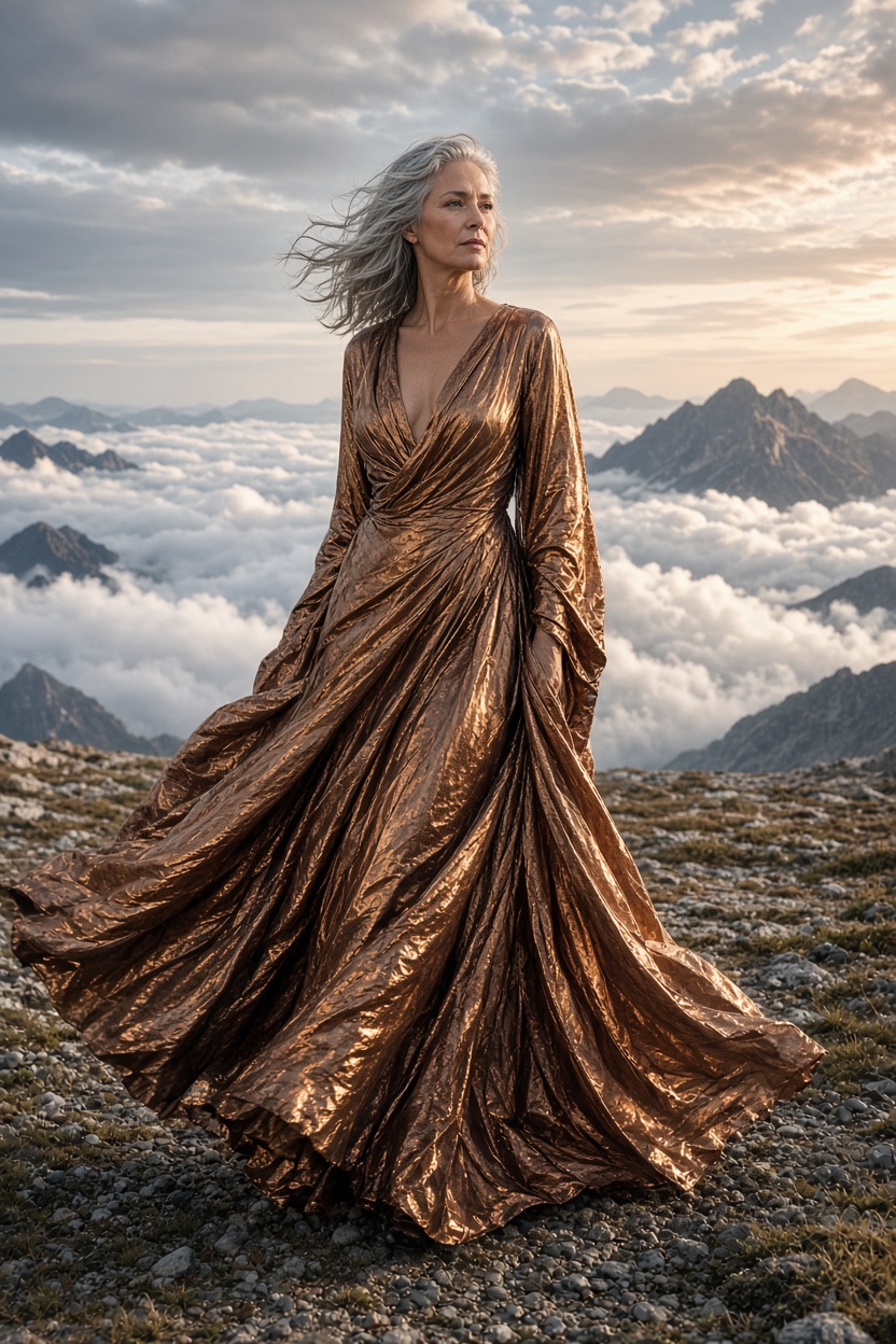 Bronzefarbenes Kleid über den Wolken