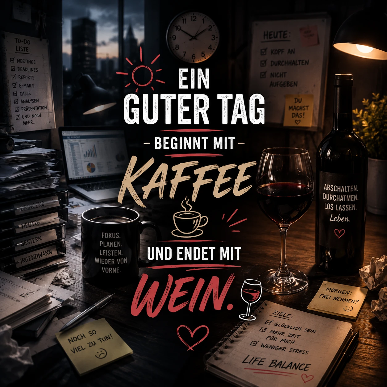 Ein guter Tag beginnt mit Kaffee und endet mit Wein